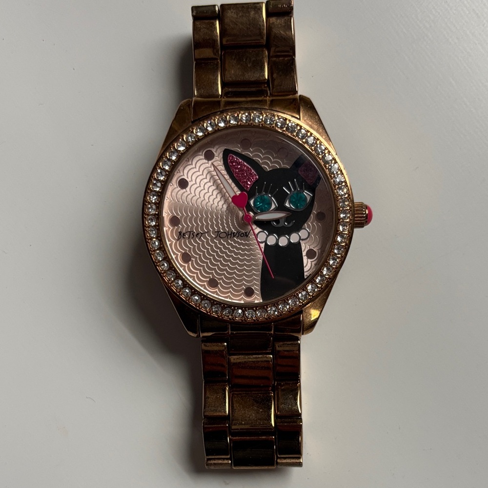 Betsey Johnson Gold Cat-Themed Watch with Black and Pink Accents new battery